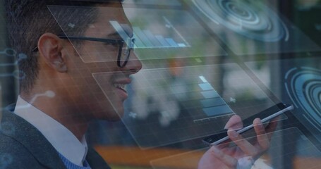 Poster - Businessman holding smartphone in office, interacting with financial bar charts and data visuals