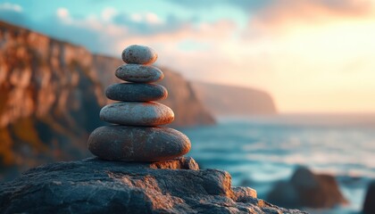 Poster - Natural tranquility captured with smooth stones arranged near a serene body of water in a mountainous landscape during golden hour light
