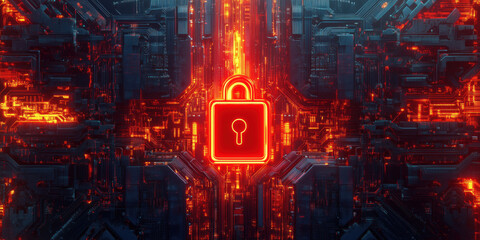 Fototapete - Digital lock symbol on futuristic circuit board background with glowing red accents.
