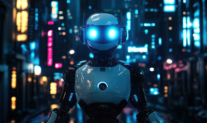 Poster - Futuristic robot with glowing blue eyes in neon cityscape at night.