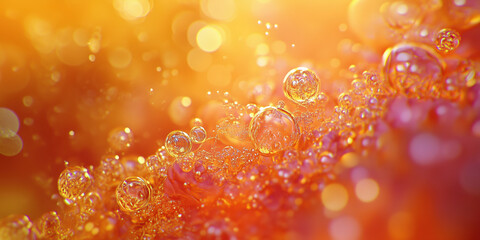 Poster - bubbles in vibrant orange background with soft bokeh effect and sparkling light.