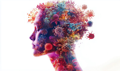 Poster - Human silhouette filled with colorful microorganisms and abstract patterns representing health.