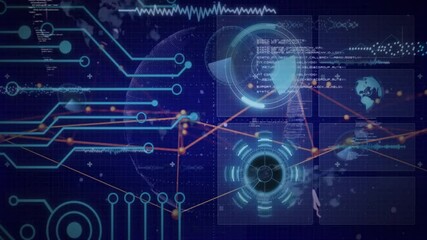 Fototapete - Circular gear data visualization rotating right, translucent HUD panels sliding across digital grid