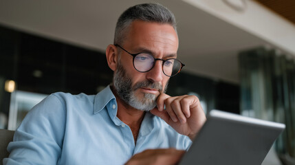 Poster - A focused businessman is analyzing data on his tablet while seated in a contemporary office space filled with natural light. His concentration reflects a professional atmosphere