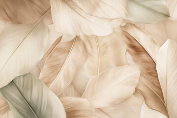 Poster - Soft beige and green leaf texture, overlapping layers create depth and visual interest, showcasing a calm and serene nature-inspired design, ideal for backgrounds or wallpaper