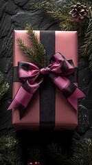 pink gift box with bow and pine