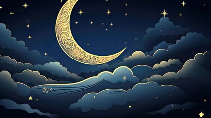 Poster - Celestial night sky with ornate crescent moon and shimmering stars over soft clouds at dusk