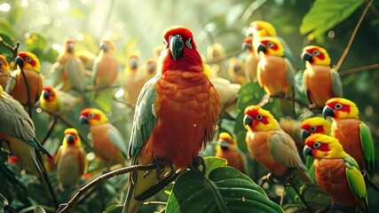 Aufkleber - Vibrant flock of sunlit tropical birds perched among lush green foliage in a rainforest setting during golden hour