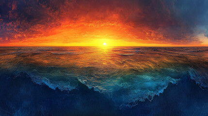 Poster - Fiery sunset over ocean waves, transitioning to deep blue hues.  Represents tranquility, nature's beauty, and peaceful escape. Perfect for calming background