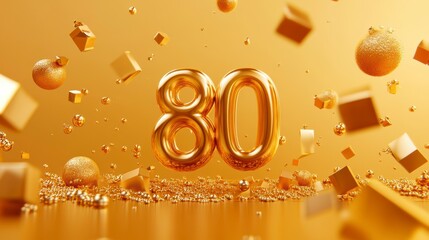 Poster - Golden 80th anniversary celebration with confetti and balloons.
