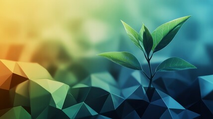 Poster - Young plant sprout growing from geometric low-poly ground.