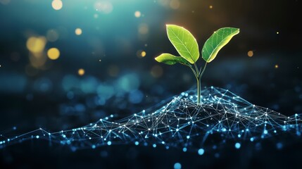Poster - Young sprout growing from digital network, representing growth and technology.