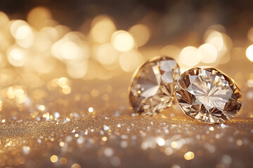Aufkleber - Two sparkling diamonds rest on a shimmering gold surface, bokeh lights creating a luxurious, celebratory mood.  Represents elegance, luxury, and preciousness