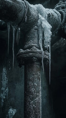 Aufkleber - Frozen pipe with icicles, showcasing winter's harshness and cold temperatures, symbolizing resilience and the power of nature