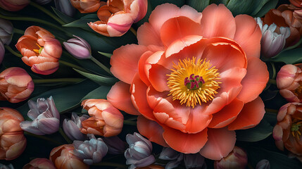 Aufkleber - Close-up of coral peony and peach tulips, showcasing intricate petal textures and vibrant color palette, symbolizing beauty, nature, and springtime freshness