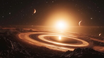 Wall Mural - planetary ring system orbiting a bright star with planets in a deep space scene.