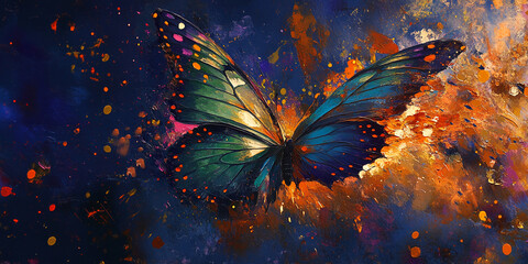 Aufkleber - Vibrant painted butterfly, teal, orange, and purple hues, against a dark blue background with colorful splatter paint, representing transformation, freedom, and beauty