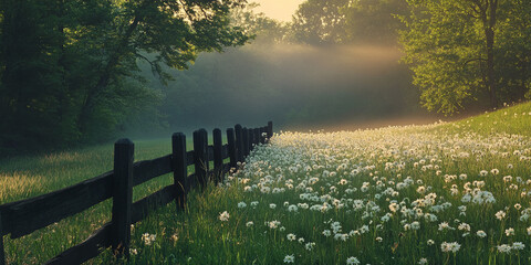 Poster - Wooden fence beside field of white flowers at sunrise, misty morning light filters through trees, creating serene landscape