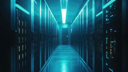 Aufkleber - Futuristic data center corridor illuminated with neon lights, ideal for technology, cybersecurity, and AI infrastructure visuals