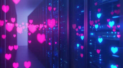 Aufkleber - Valentine-themed data server room with glowing heart lights, perfect for tech marketing, love and data synergy, or holiday promotions