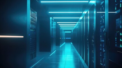 Poster - Server hallway with glowing blue overhead lights in a futuristic data center, ideal for cybersecurity and artificial intelligence themes