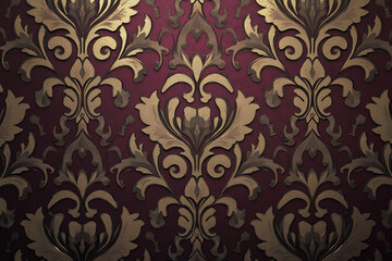 Aufkleber - Intricate gold floral pattern on a burgundy background, textured damask design, elegant and luxurious, suitable for various design projects