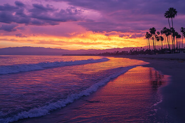 Poster - Purple and orange sunset over ocean beach, palm trees silhouette, mountains in background, tranquil scene, evokes peace, serenity, and calmness