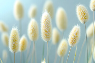 Poster - Soft, pale yellow flower heads with fluffy texture against a muted blue background, conveying serenity and gentleness