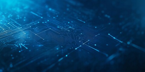 A blue background banner with a futuristic design features a circuit board shape. Lines connect to form a network structure. The dark blue color provides a strong contrast.