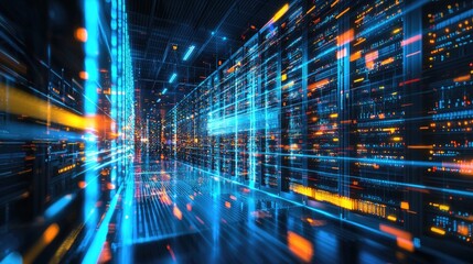 Poster - High-tech glowing server racks with motion blur effects, ideal for AI speed, fast data transfer, and cloud-driven technology concepts