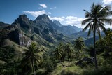 A lush tropical valley landscape with palm trees and mountains in the background, isolated on a diffrent collers background, representing paradise.