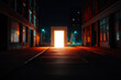© Татьяна Евдокимова - Bright glowing doorway appearing in empty city street at night illuminating the road and the surrounding buildings