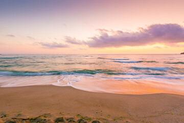 Wall Mural - summer vacation at the sea. holiday season. beautiful purple pink seascape at sunrise. calm waves wa