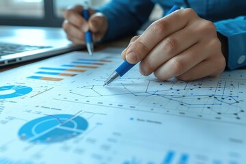 Poster - A person examines graphs and charts with blue pens in hands