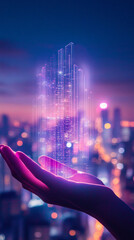 Poster - hand holding glowing city model, futuristic cityscape concept, representing innovation, technology, 