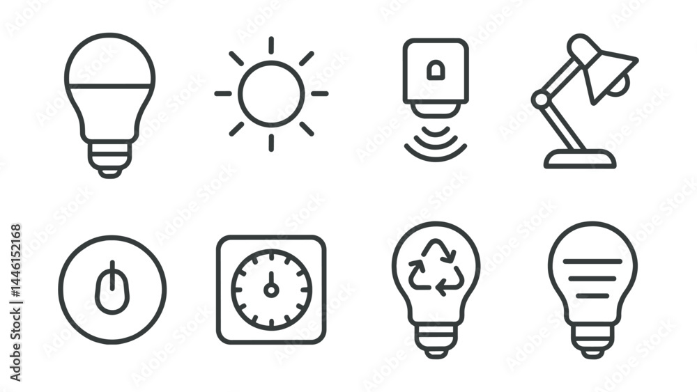 Line style icons of lighting efficiency: LED bulb, daylight lamp ...