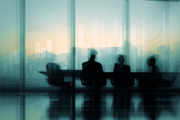 Poster - Silhouetted figures in meeting, city skyline backdrop, overlaid with financial chart graphic, suggesting business strategy, growth, and collaboration