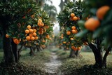 A pathway through a sunlit orange grove, isolated on a diffrent collers background, evoking feelings of peace and abundance in nature.