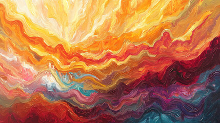 Fototapete - Abstract painting with swirling, textured strokes of orange, red, purple, and teal hues, creating a dynamic, energetic composition suggestive of a fiery sunset or flowing landscape