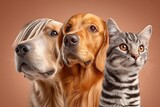 A portrait of a golden retriever, horse, and cat, isolated on a diffrent collers background, showcasing the beauty of these animals together.
