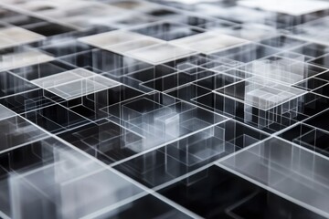Poster - Data processing visualized through transparent diagrams and geometric shapes over a dark background, data processing and diagrams over squares