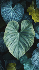 Poster - Close-up of heart-shaped teal leaf, textured surface, surrounded by other leaves, showcasing natural beauty and organic forms, ideal for nature or botanical concepts