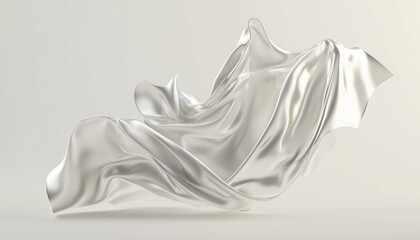 Poster - Smooth And Elegant White Silver Fabric Abstract For Product Display With Copy Space. Horizontal Wallpaper Render In Fashionable Satin Silk Cloth