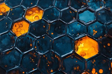 Poster - Abstract Honeycomb Pattern - Close-up view of a honeycomb pattern with teal and amber hues, showcasing intricate details and texture