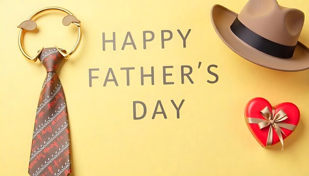 Happy Father's Day background concept with tie and mustache, hat, gift box, red heart on pastel yellow background created with generative ai.