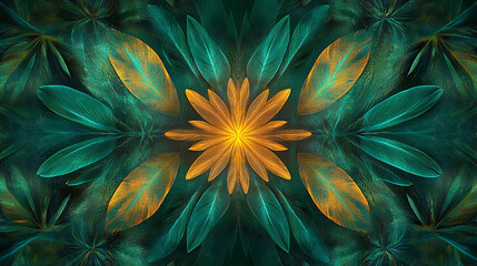 Poster - Symmetrical image of teal and gold leaves forming a flower-like pattern, showcasing a lush and vibrant design, ideal for decorative or artistic use