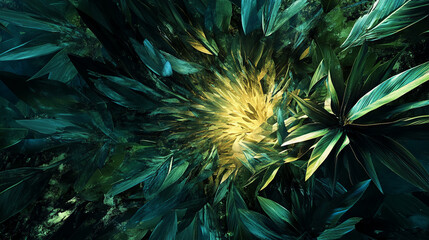 Aufkleber - Abstract image of lush green foliage swirling towards a bright yellow center, creating a dynamic and vibrant natural scene, showcasing energy and growth