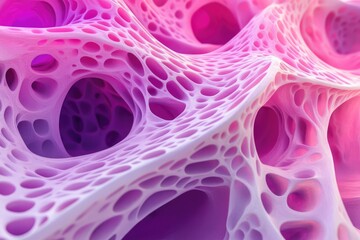 Poster - Abstract, intricate, organic, porous, structure of pink and purple.  Interconnected, hollow,  3D, geometric forms resembling a network or honeycomb. Detailed and vibrant colors