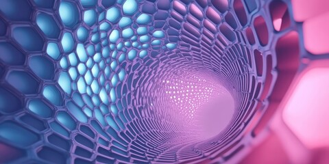 Poster - Abstract tunnel with a repeating hexagonal pattern, shifting from light purple to pink.  Light sources within the structure illuminate the space
