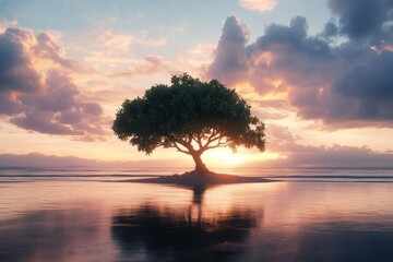 Poster - Cinematic tree stands alone on beach at sunset with colorful clouds and calm water reflecting the light, Cinematic tree on beach at sunset smooth wide shot